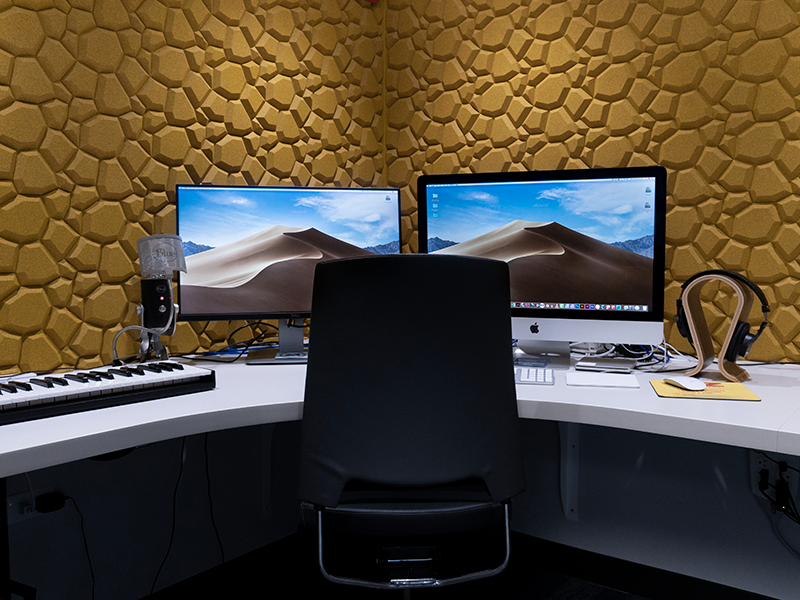 Digital Media Lab showing two desktop monitors and other various accessories