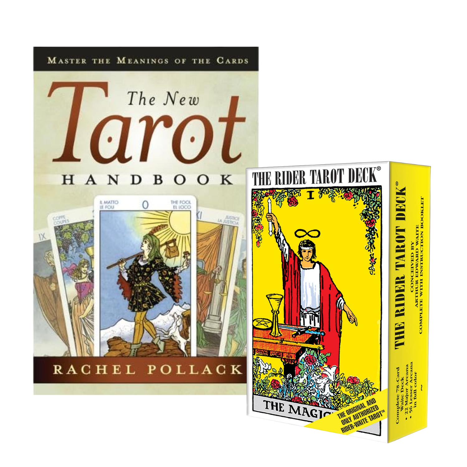 Cover image of The New Tarot Handbook by Rachel Pollack and image of The Rider Tarot Deck Box in yellow