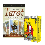 Cover image of The New Tarot Handbook by Rachel Pollack and image of The Rider Tarot Deck Box in yellow