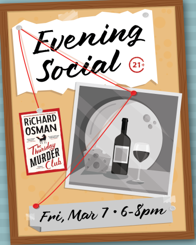 Evening Social graphic with book cover and wine bottle
