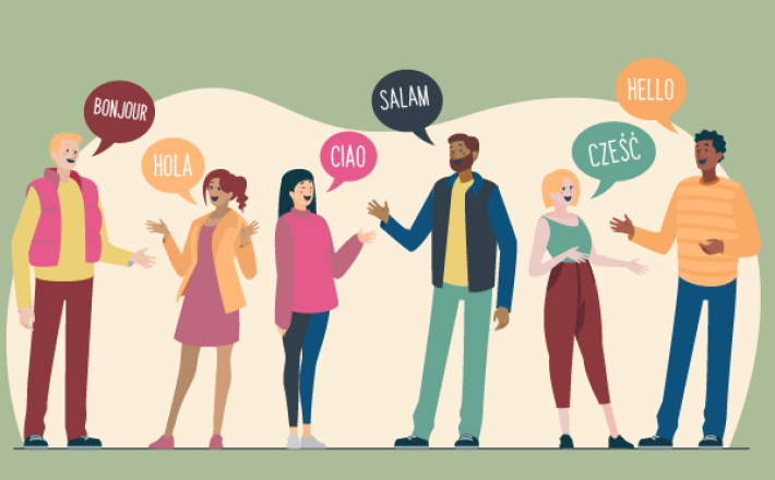 diverse people greeting each other in different languages